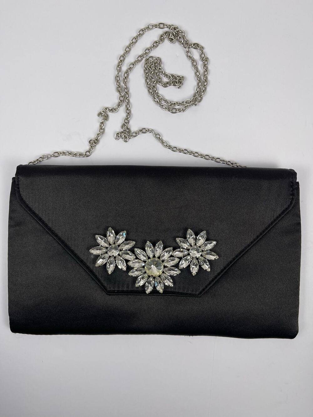 Gunne Sax by Jessica McClintock black satin evening clutch crystal flower formal